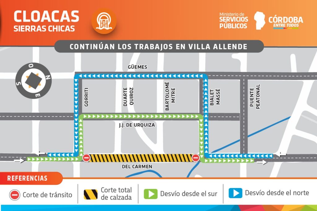 Villa Allende: desvío de tránsito por obra de cloacas